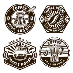 Coffee set of four vector emblems, badges, labels
