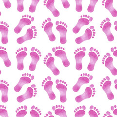 Pink baby girl abstract footprint, watercolor hand drawn seamless pattern isolated on white color