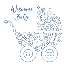 Newborn baby vector illustration. Baby stroller
