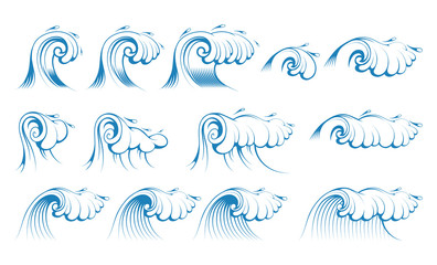 Blue Stormy Sea Waves. Splash and Gale. Ocean Surface Wave. Vector graphics to design.