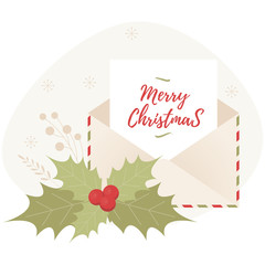 Christmas envelope with green holly branch. Vector flat concept for greeting cards, banners, flyers.
