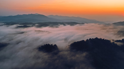 Fototapeta na wymiar Sunrise in the morning mountains and fog