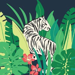 hand drawn white tiger with exotic tropical leaves, flat vector illustration