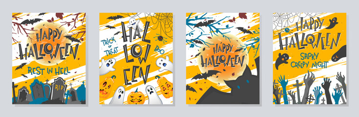 Bundle of Halloween posters with pumpkins,ghosts,graveyard,full moon,spider web and bats.Halloween design perfect for prints,flyers,banners invitations,greetings.Vector Halloween illustrations.
