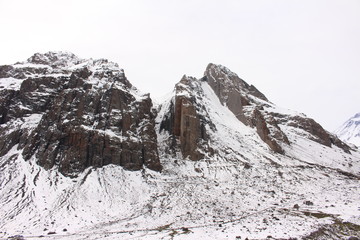 beautiful high snowy mountains in the Andes mountain range of Chile. Place located in Cajón del Maipo, Chile.