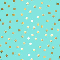Vector seamless pattern with gold polka dots on mint background