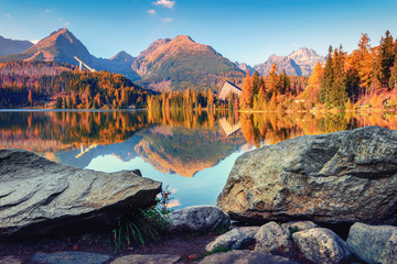 Mountain lake Strbske pleso (Strbske lake) in autumn time. High Tatras national park, Slovakia