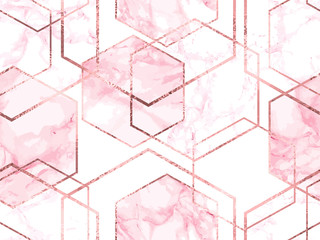 Motif géométrique sans couture avec des lignes de paillettes d& 39 or et du marbre rose