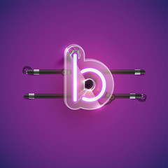 Realistic neon B character with plastic case around, vector illustration