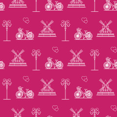 Seamless pattern with windmill, bicycle, lantern.