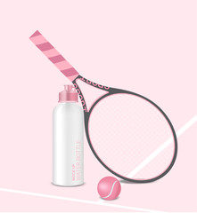 Bottle Mock up 3D Realistic Water Shaker Pastel Pink with Racket  and Tennis Ball Background Illustration. Health Care, drink and Sport Concept Design