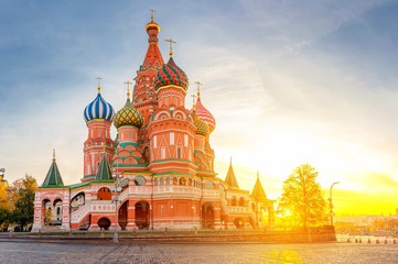 Panorama of the beautiful church of St. Basil in the morning sun. Red Square. The most popular attraction of Moscow. Russia