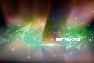 Finger touching tablet with BEST PRACTICE inscription, business concept