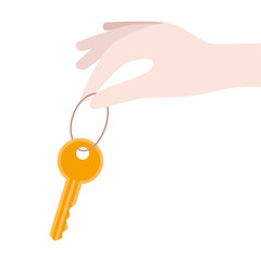Buying, rental concept. Women holding key from new house, flat. Business, financial illustration.