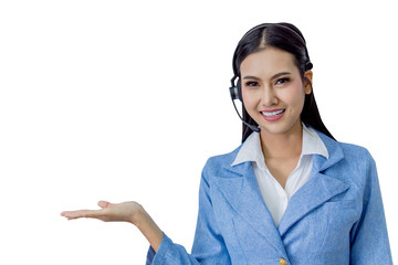 Business call center customer support - Beautiful Asian female staff operator wearing headphone...