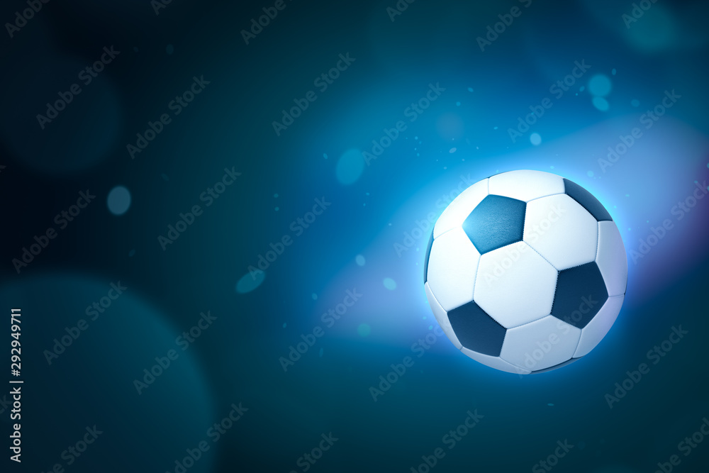Fototapete 3d rendering of a football on gradient blue bokeh background with copy space.