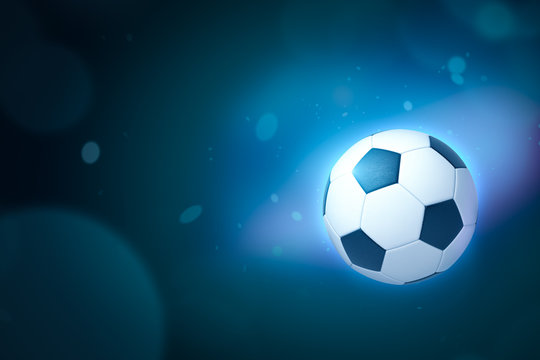 3d rendering of a football on gradient blue bokeh background with copy space.