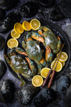 Concept preparing sea crab for cooking with knife and lemon in lighting studio