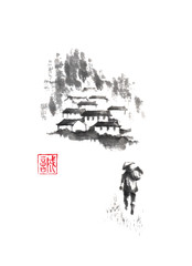 Man and mountain village Japanese style original sumi-e ink painting. Hieroglyph featured means sincerity.