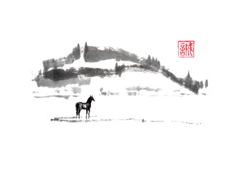 Horse and distant hills Japanese style original sumi-e ink painting.