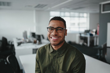 Friendly and smiling young african american professional businessman looking at camera in modern...