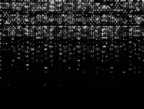 Cascading binary code data stream with white numbers on a black background