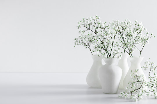 Home interior floral decor. Elegant floral soft white composition. Beautiful white gypsophila flower in vase on white wall background.