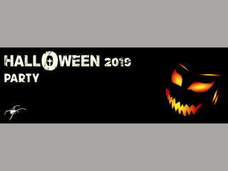 Halloween party black banner with evil face and text