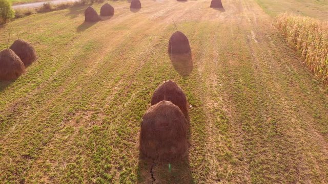 Aerial Fotage over haystack in Europe Drone footage  over haystack in Romania