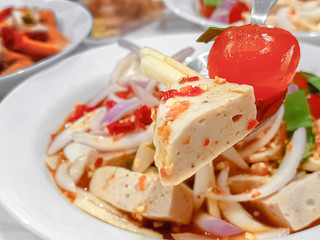 Pork Sausage stick and salted egg yolk spicy vietnamese sausage salad . ( Yum Moo Yor ) Hot Spicy menu recommended to be missed in Thailand