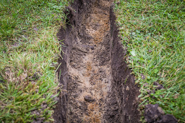 Drainage ditch. Laying a drainage pipe. Earthwork.