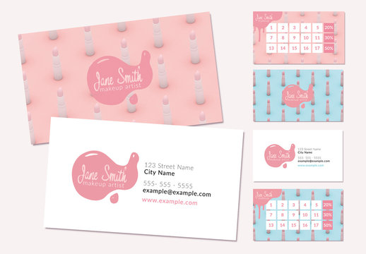 Loyalty and Business Card Layouts with Blue and Pink Cosmetics Elements 