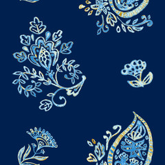 Hand drawn watercolor navy blue paisley seamless pattern for design. Beige flores elegant pattern for decorate ceramic tile, porcelain, wallpaper, fabric. Indian, asian tradition culture.