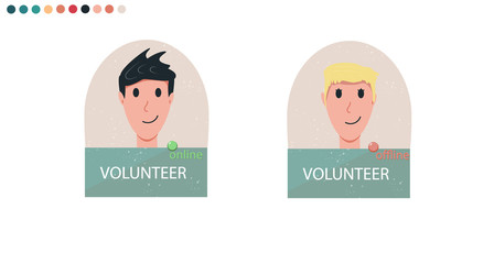 Online volunteer. Application or program. Set of avatars. The face of young guy and girl in cartoon style. Flat. Vector illustration.