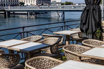 .Summer cafe on the shores of Lake Geneva. Switzerland.