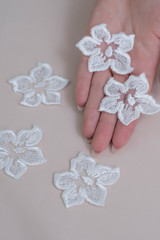 Fototapeta na wymiar Texture flowers lace fabric. decir flowers on white background studio. thin fabric made of yarn or thread. a background image of ivory-colored lace flowers forcloth. White flowers on beige background.