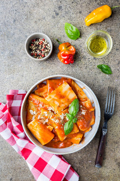 Pasta paccheri with tomato sauce and basil in a plate, top view