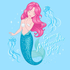 Cute Mermaid with jellyfish. Beautiful mermaid onblue  background, for t shirts or kids fashion artworks, children books. Fashion illustration drawing in modern style. Girl print. Mermaids only text.