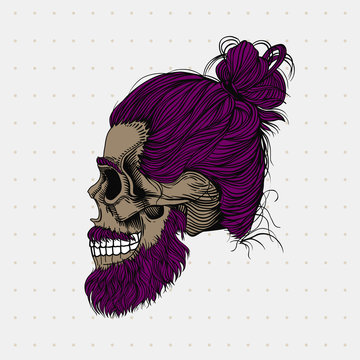 Bearded skull with purple hair in bun. Stylish men's hairstyle and beard. Picture for halloween, barbershop and clothes.