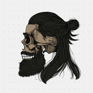 Bearded skull, long black hair wrapped in a bun. Stylish men's hairstyle  and beard. Picture for halloween, barbershop and clothes. Stock Vector |  Adobe Stock