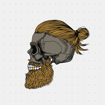 Bearded skull with hair in a bun. Stylish men's hairstyle and beard, profile view.  Picture for halloween, barbershop and clothes.