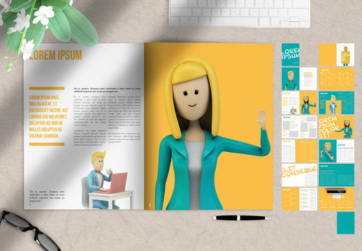 Teal and Yellow Magazine Layout with Character Illustrations