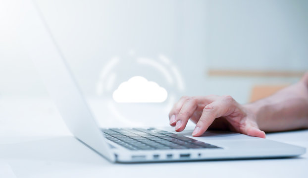 close up computer programmer man hand typing on keyboard for transfer or synch data upload and download from cloud computing with virtual interface in operation room, technology business concept	