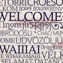 Multinational stand with word welcome in different languages