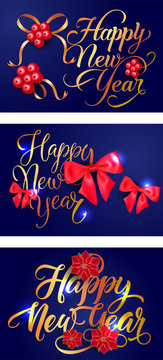 Happy New Year banner set with hollen and bows on blue ground