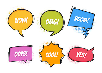 Super set retro colorful comic speech bubbles with halftone shadows on white background. Expression text OOPS, YES, OMG, BOOM, COOL, WOW. Vector illustration, retro pop art style