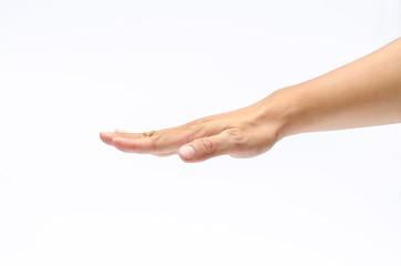 Fototapeta premium Close up of hand with show palm down. Isolated on white background.