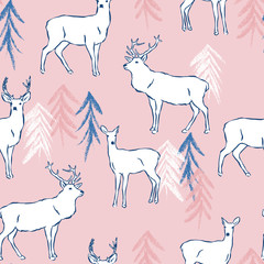 Cotton fabric Vector woodland seamless pattern. Hand drawn illustration of forest animals with pine trees. Deer and stag design on pink background.