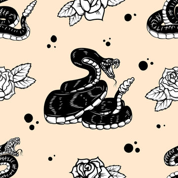 Seamless pattern with snakes and roses. Design element for poster, card, banner, t shirt. Vector illustration