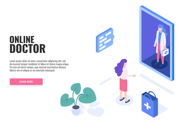 Healthcare online pharmacy concept. Patient and female doctor. Isometric web banner for landing page.  Vector illustration.